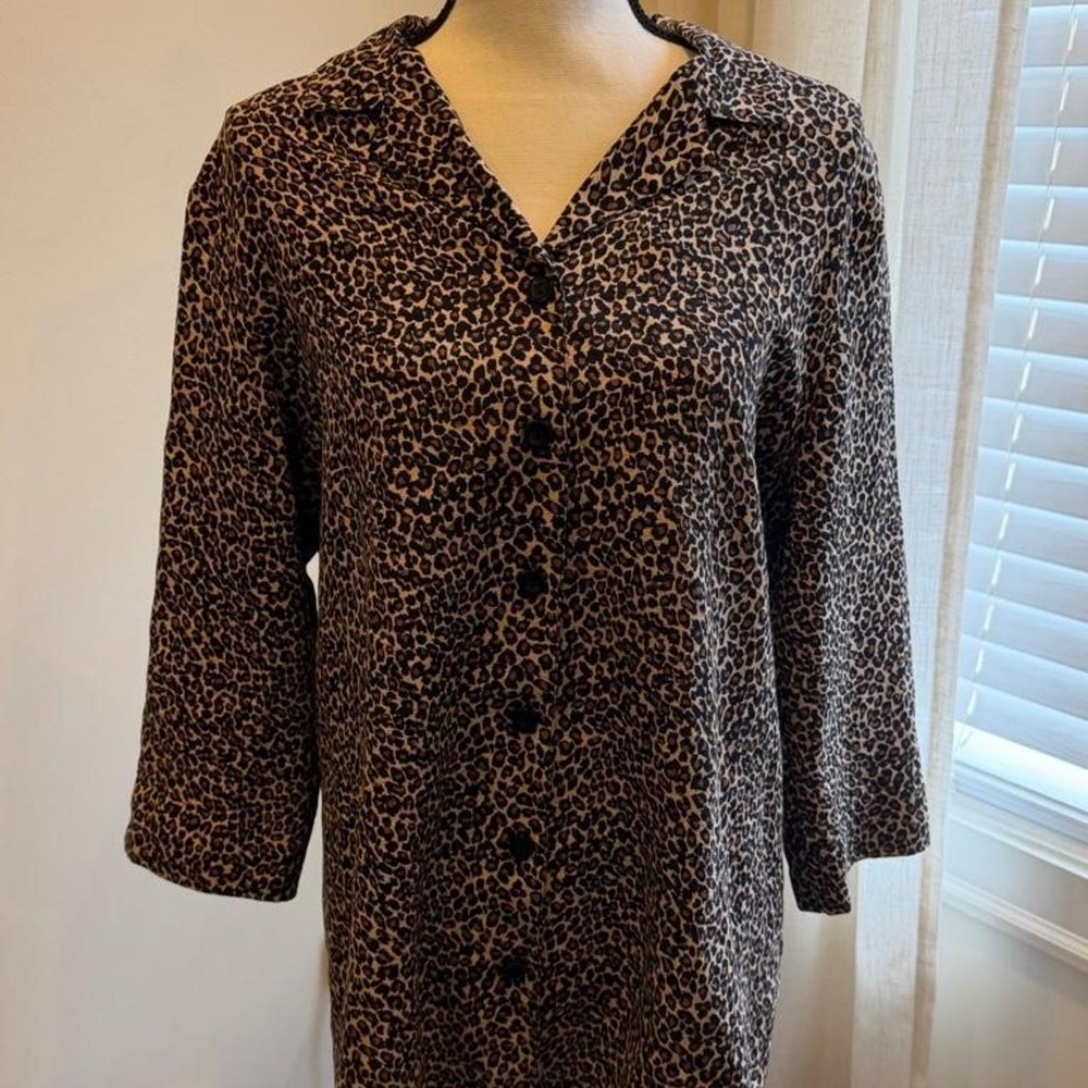Erin London 100% Silk Leopard Print Button Down Shirt Brown Vintage Large